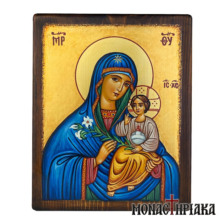Αγιογραφία με την Παναγία των Κρίνων - Hand painted icon of the Virgin Mary of the Lilies