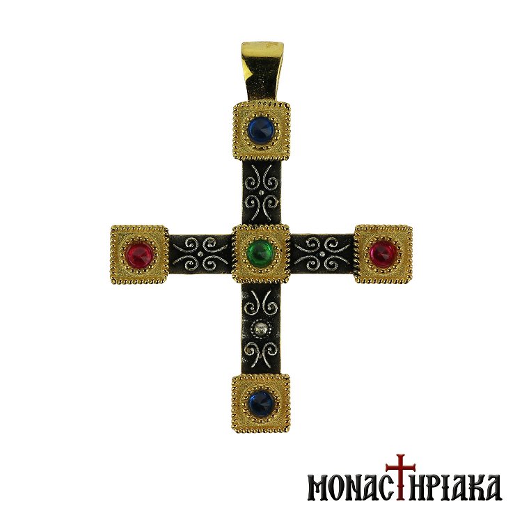 Silver Cross with 5 Colorful Stones