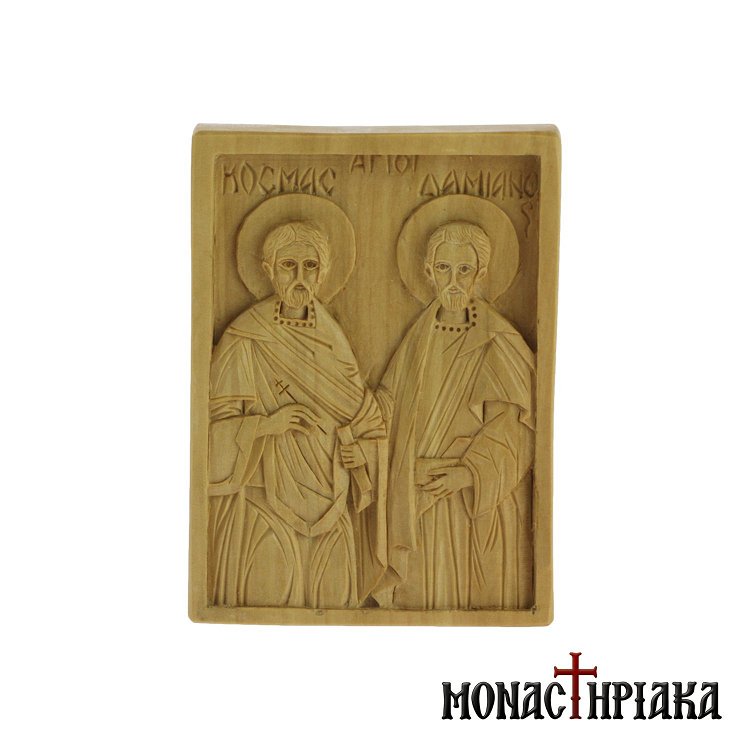 Wood Carved Icon of Saints Kosmas and Damian