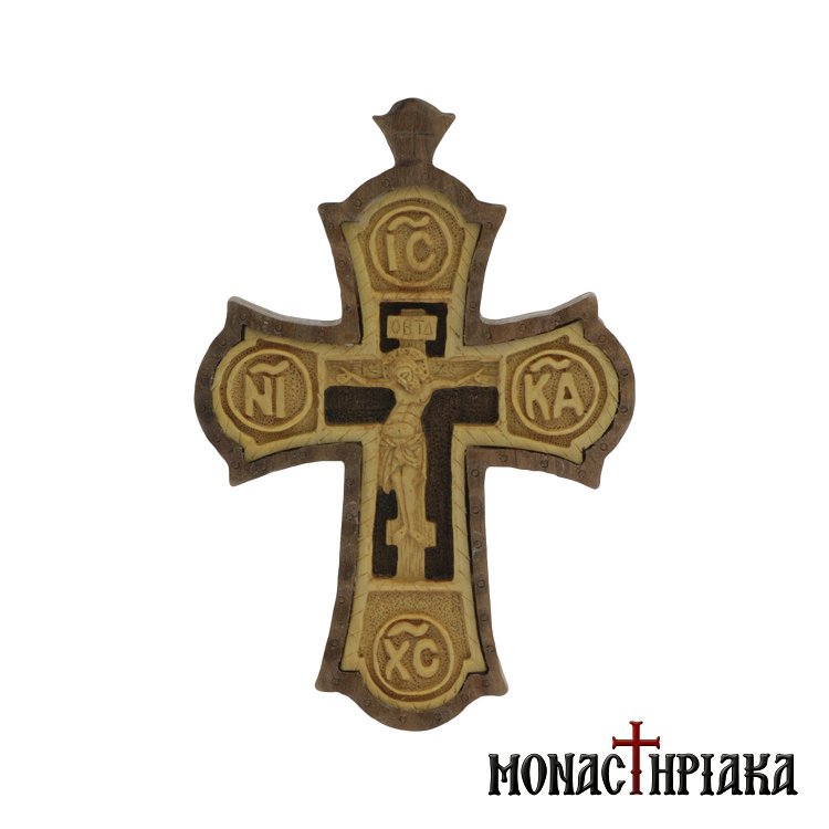 Wooden Byzantine Cross Carved on Walnut and Boxwood
