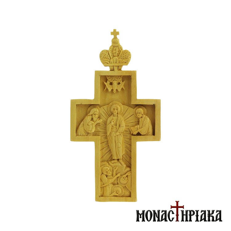 Hand Carved Wooden Cross with the Transfiguration of Jesus Christ