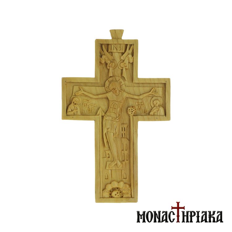 Hand carved cross on pear wood, with Crucified Jesus