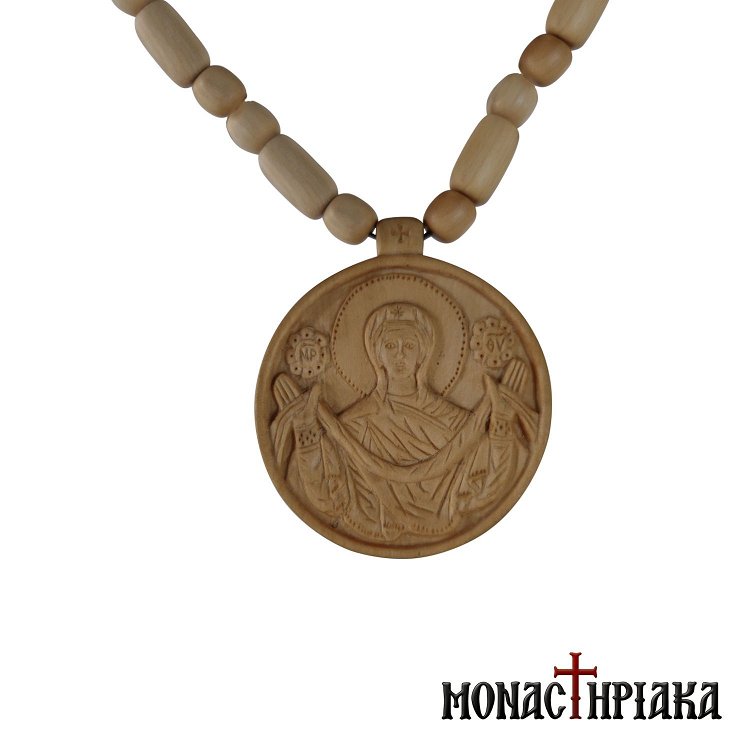 Wood Carved Engolpion with Theotokos and Wooned Chain