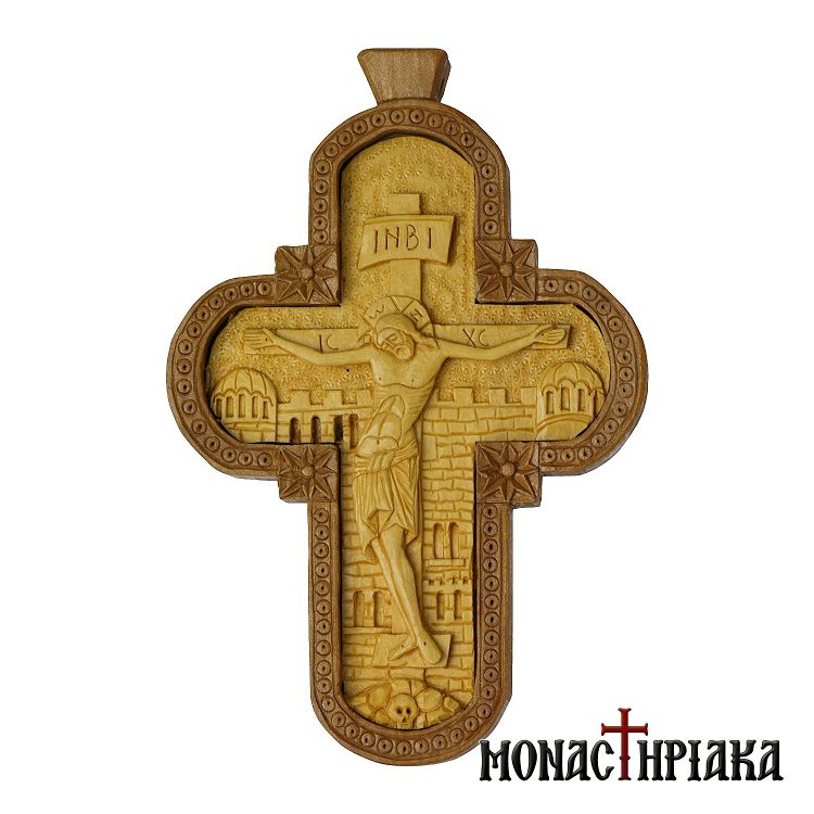 Wood Carved Pectoral Cross Made of Box and Pear Wood
