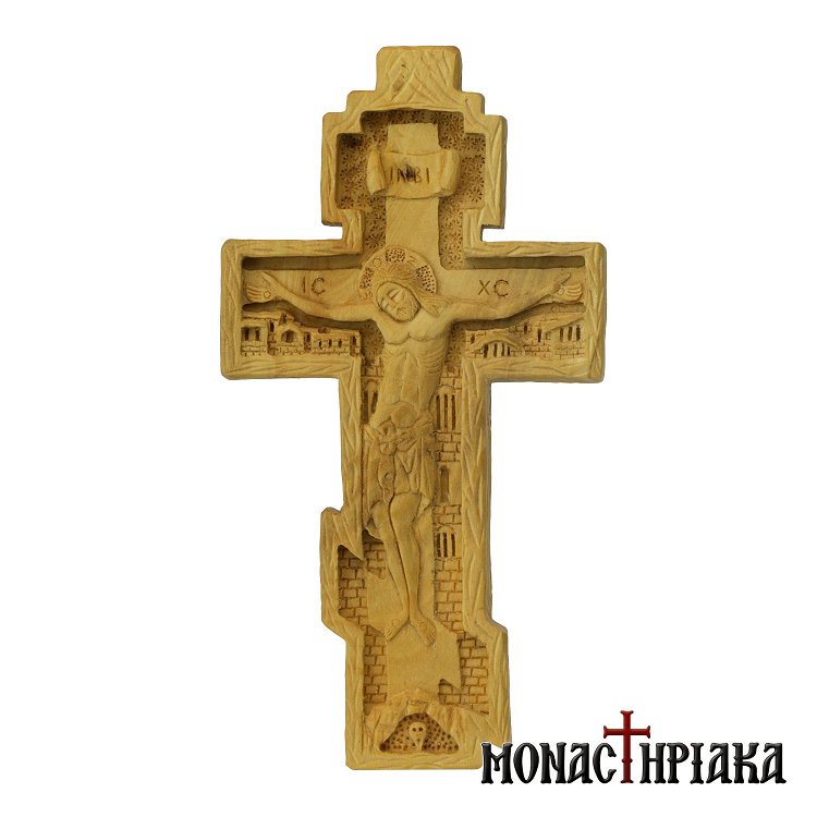 Bilateral Wood Carved Cross with Crucified Jesus and Saint George