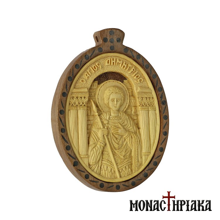 Wood Carved Encolpion | Saint Demetrios