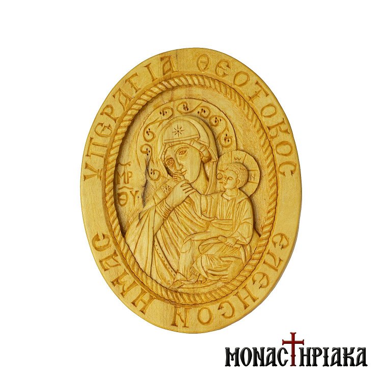 Wood Carved Engolpion (Panagia) with “Paramythia” Virgin Mary