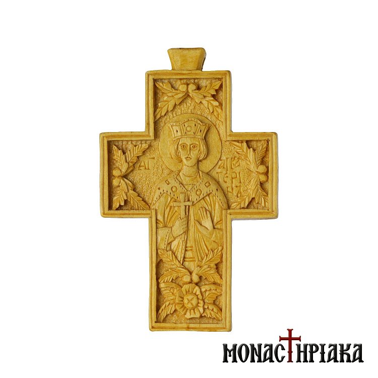 Wood Carved Cross with Saint Catherine