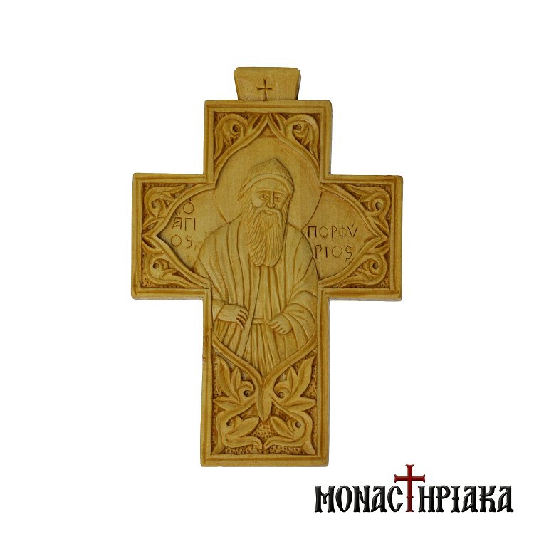 Pectoral Wood Carved Cross Saint Porphyrios from Kavsokalyvia