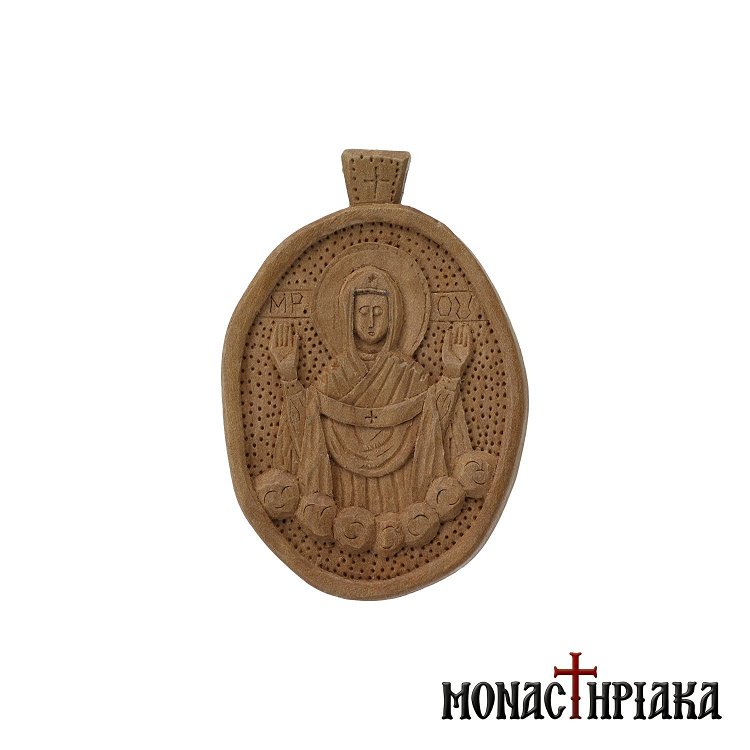 Small wood carved  engolpion (panagia) with our “Lady of the Sign”