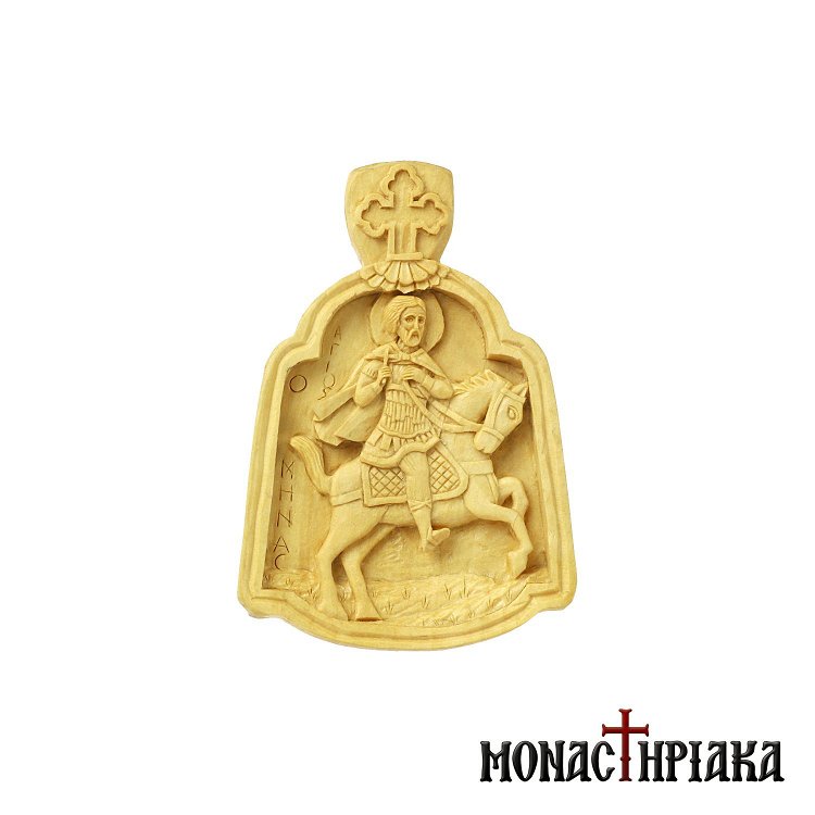 Small wood carved engolpion (panagia) with Saint Minas
