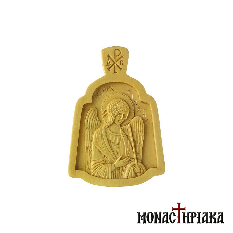 Small wood carved engolpion (panagia) with Archangel Michael