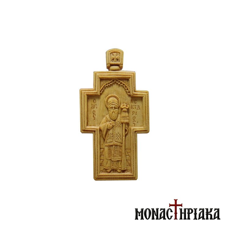 Wood Carved Cross with Saint Nektarios