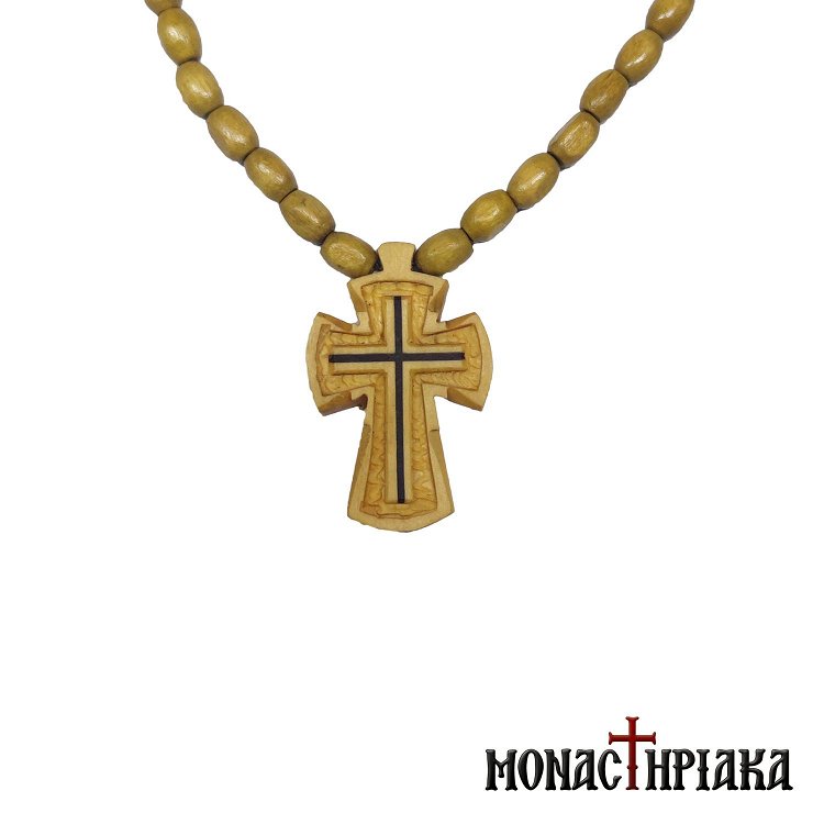 Wooden Neck Cross with Wooden Chain and Carved Decoration
