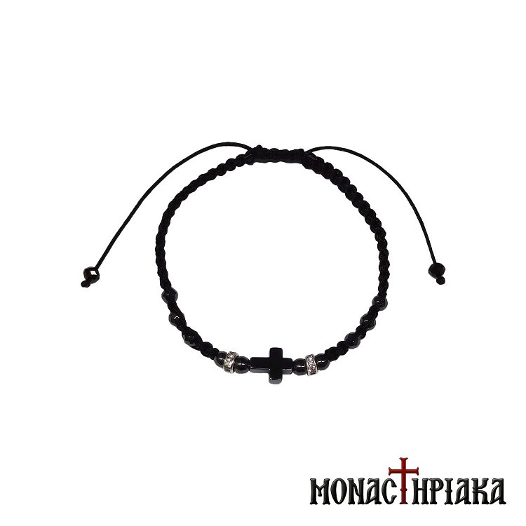 Black Knitted Bracelet with Hematite Cross