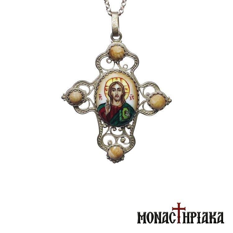 Silver Cross with Enamel Jesus Christ Blessing