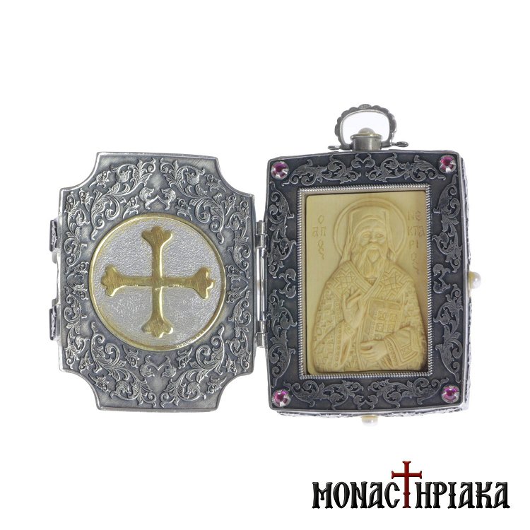 Silver Icon with Jesus Christ and Saint Nektarios Wood-carved
