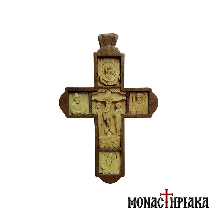 Wood Carved Pectoral Cross | Saint Paisios | Saint Seraphim of Sarov | Saint Silouan the Athonite