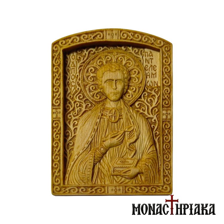 Wood Carved Icon of Saint Panteleimon