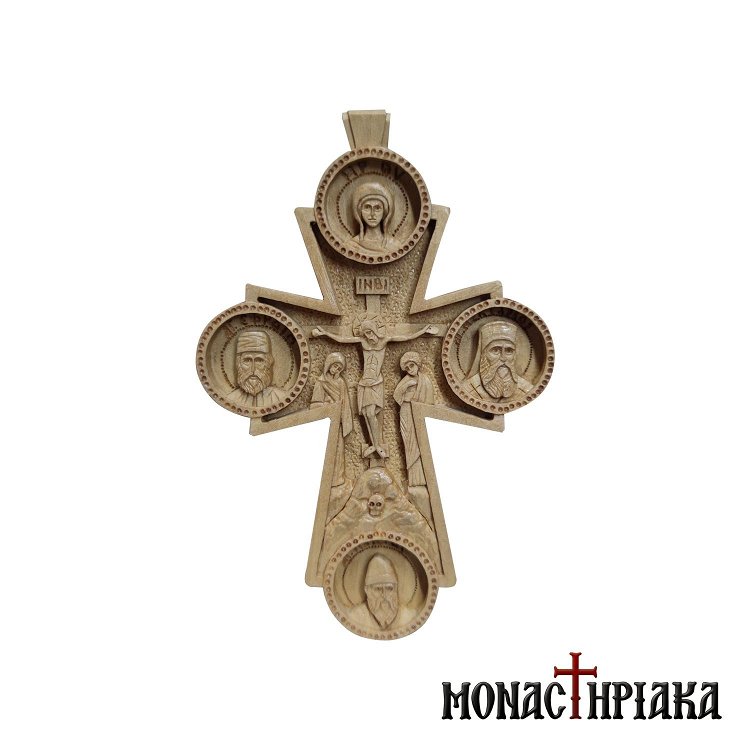 Wood Carved Byzantine Cross | Saint Ephraim | Saint Nektarios | Saint Paisios the Athonite