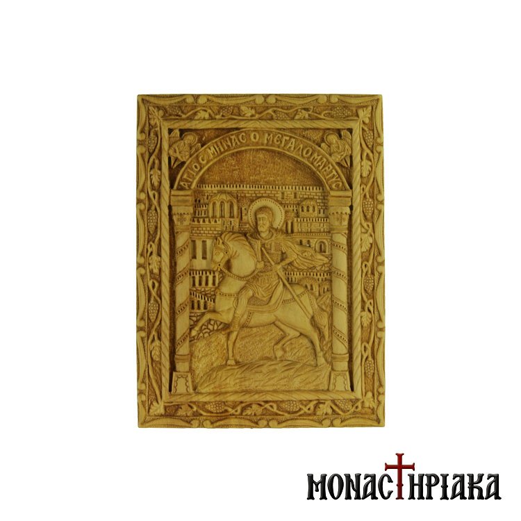 Wood Carved Icon of Saint Mina on Horseback
