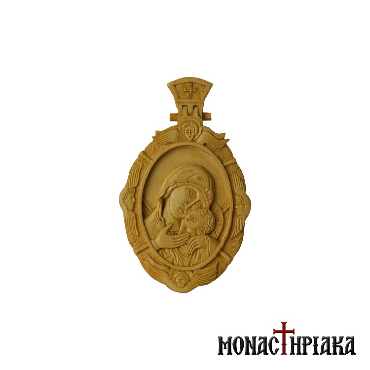 Wood Carved Engolpion with Theotokos Glykofilousa