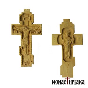 Two-sided Hand Carved Wooden Cross with the Crucifixion and Saint Nicholas